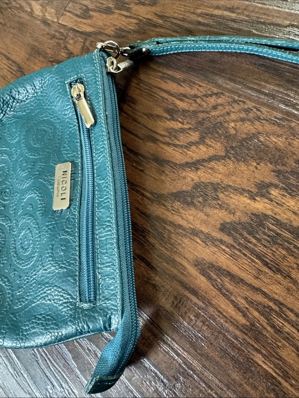NICOLI Teal Blue Wristlet Clutch with Embossed Circles